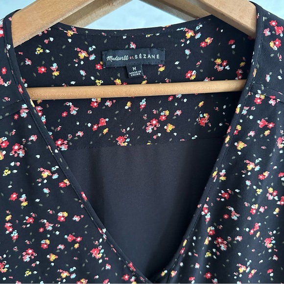 Madewell x Sezane Elly Floral Black Dainty Silk V Neck Dress Button Down Shift M - Picture 7 of 16